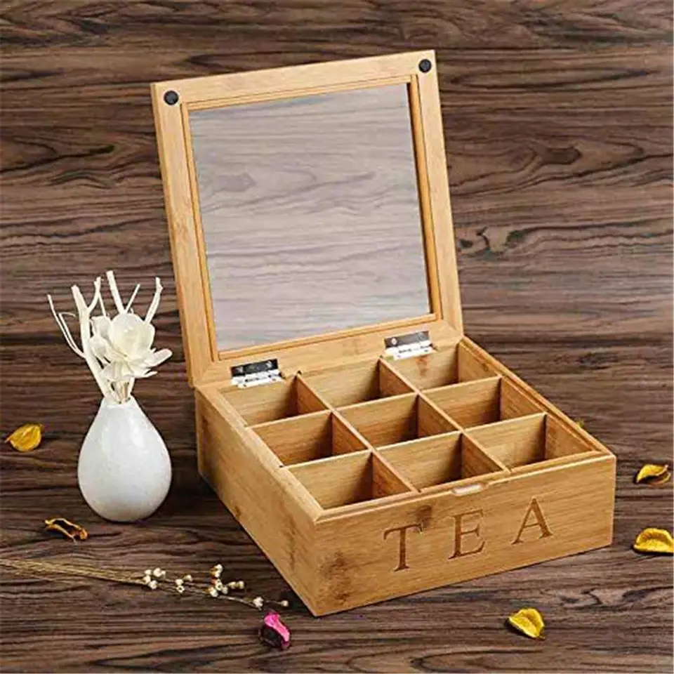 Essential Oil Storage Box,Rustic Wooden Tea Box,Wooden Tea Bag,Storage Chest Box,Multipurpose Organization,Display Box with Clear Lid Natural Wooden Finish