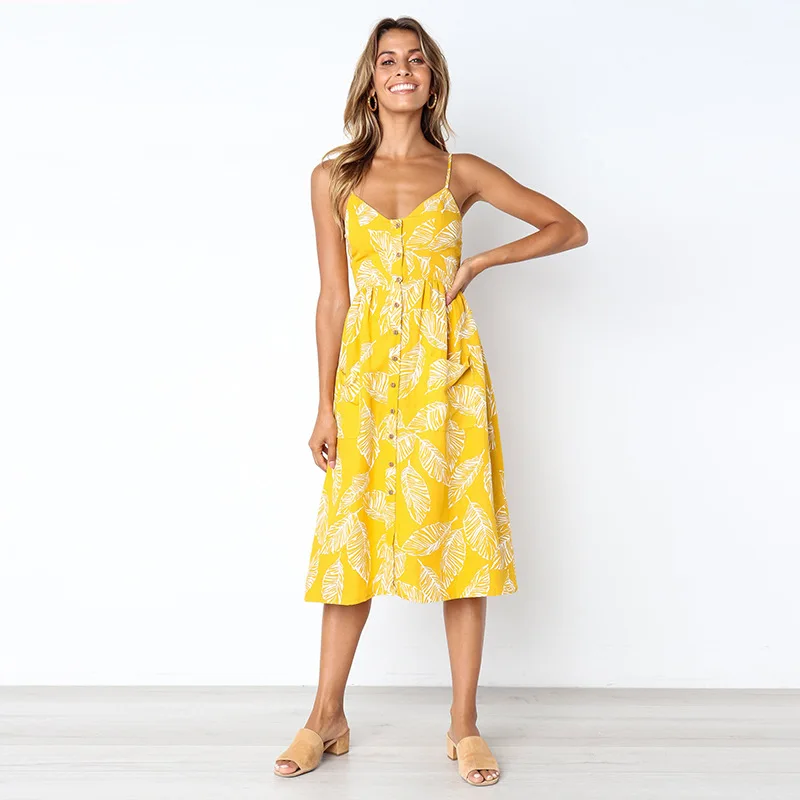 2018 New LOSSKY Women Print Floral Stripe Bohemian Dress V-Neck Sleevele Sexy Button Beach Casual Boho Midi Dress Plus Size 3XL