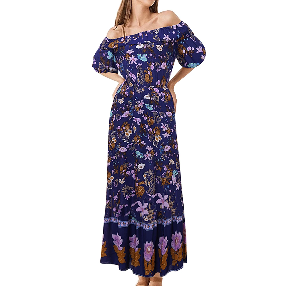 

2020 Women's Bohemian Style Printed Lantern One Word Neckline Dress Large Swing Eveing Party Soft Breathable Summer Dress