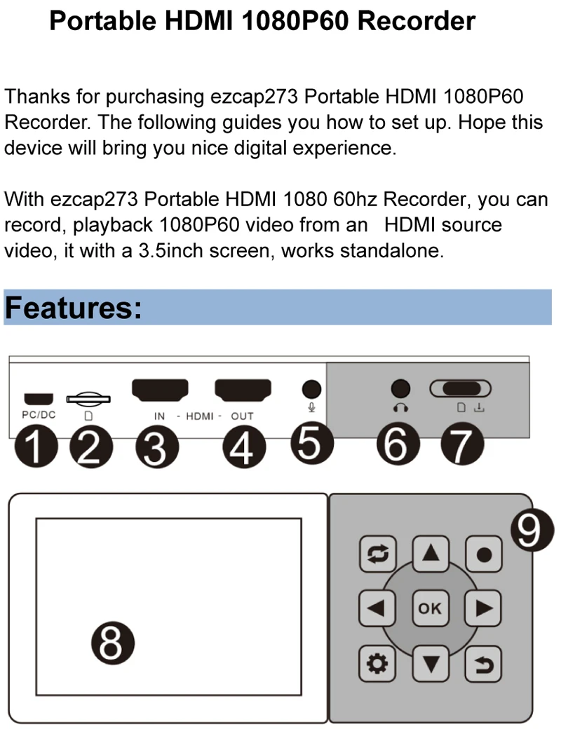 273 HD Video Recorder Box 1080P 60fps HDMI Video Capture Card with 3.5 Inch Scre