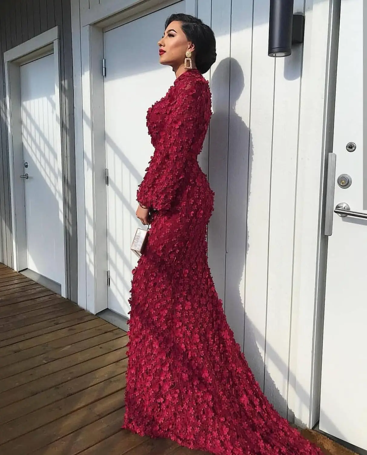 Модные мусульманские бордовые розовые вечерние платья русалки женские кружевные вечерние платья с длинным рукавом и цветочным жемчугом