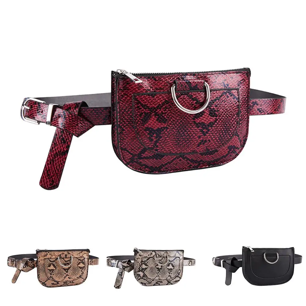 Women Snake Skin Print Zipper Faux Leather Belt Chest Bag