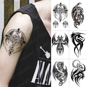 

Waterproof Temporary Tattoo Sticker Winged Dragon Feather Cross Flash Tattoos Wolf Totem Body Art Arm Fake Tatoo Men