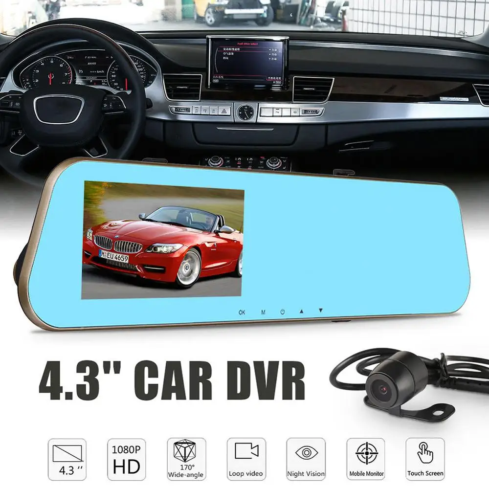 4,3 дюймов HD1080P 170 градусов сенсорный экран автомобиль авто DVR зеркальная камера заднего вида двойной объектив ночного видения камера