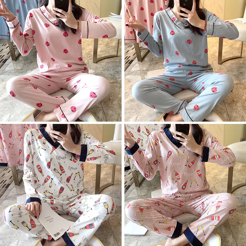 

Pajamas Women's Autumn Pure Cotton Long Sleeve Korean-style V-neck-Outer Wear Cotton Thin Homewear Set Original Photo Shoot