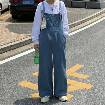 

Denim Straight Loose Wide Section Overalls School Hip Hop Streetwear Korean Japan Style Casual Cute Slim Women Wide Leg Pants
