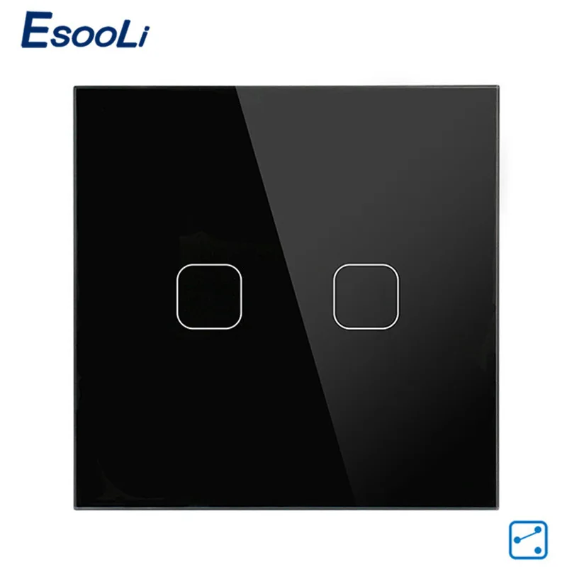 EsooLi EU Standard wall switch Touch Switch 2 Gang 2 Way Control Touch Screen Switch, Crystal Glass Panel light switch