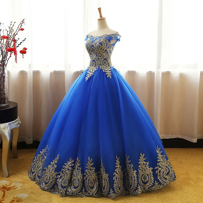 Королевский синий Бальные платья тюль с золотой аппликацией кружева сладкий 16 платья Бальные платья Vestidos De 15 Anos