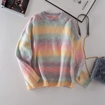 

Cthink Fashion Plus Size Autumn Rainbow Stripe Pullover Women Sweaters Fall 2020 Women Clothing Fashion O Neck Striped Knitting