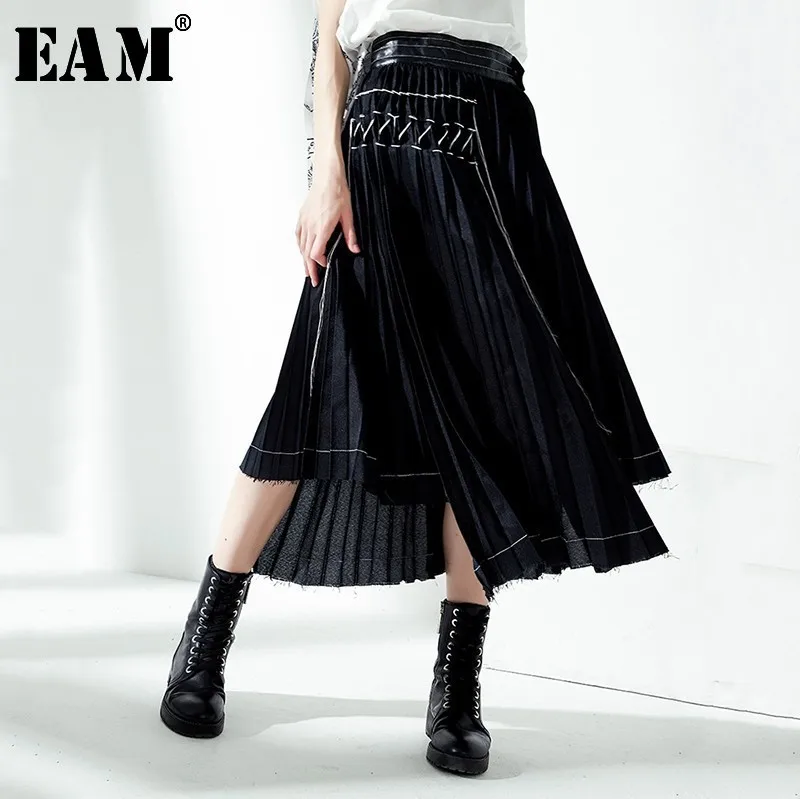 

[EAM] High Waist Black Pleated Asymmetrical Burr Hemline Half-body Skirt Women Fashion Tide New Spring Autumn 2019 JS529
