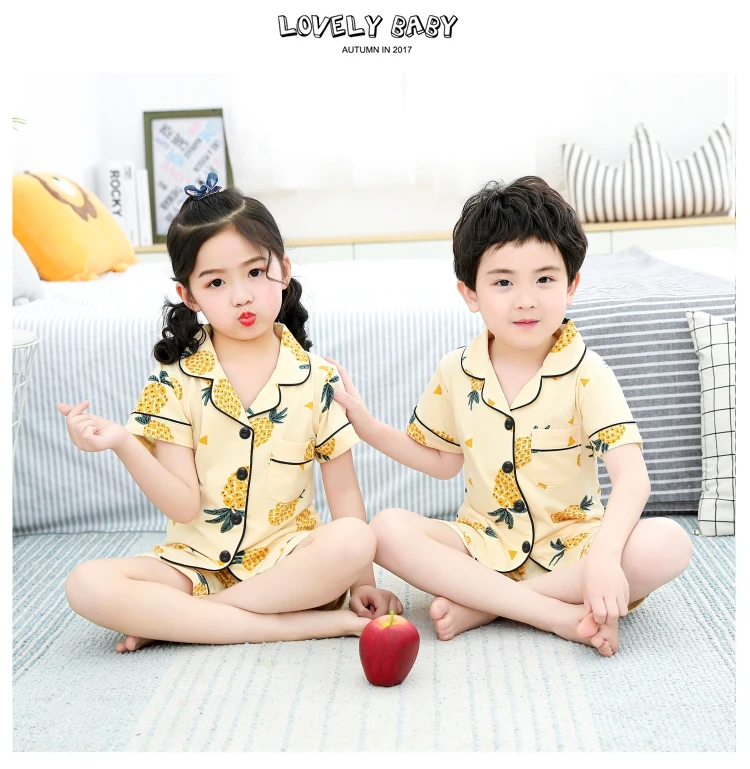 cheap plus size pajama sets 2020 New Children's Boys Pajamas Set summer short sleeve T-Shirts Trousers Cotton Cardigan Pyjamas Teen Boy Home Wear Suits Kids custom pajama sets	