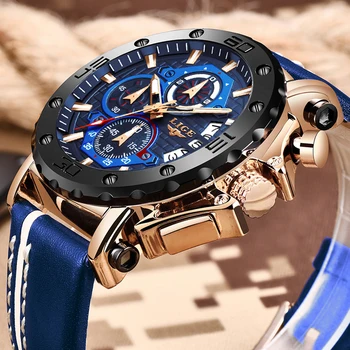 

2020LIGE New Fashion Mens Watches Top Brand Luxury Big Dial Military Quartz Watch Leather Waterproof Sport Chronograph Watch Men