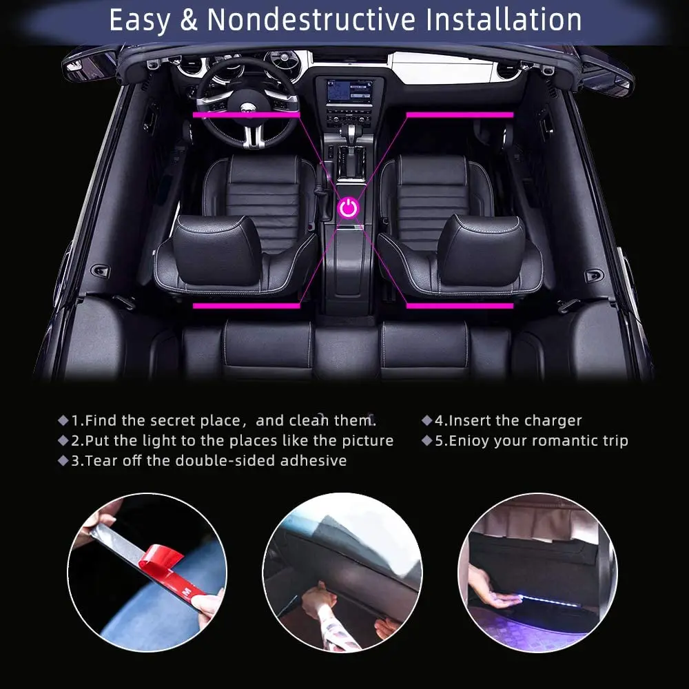 Car Interior Light RGB LED Decorative Light Strip With USB Wireless Remote Music Control Multiple Modes Car Foot Light