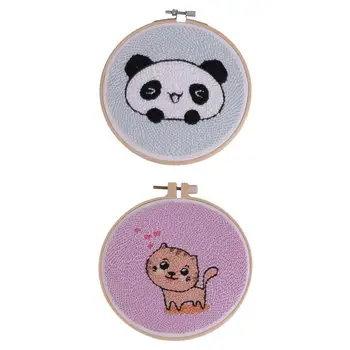 

2 Pieces Panda Cat Embroidery Starter Kit Hoop Threads Needles Stitch Kit