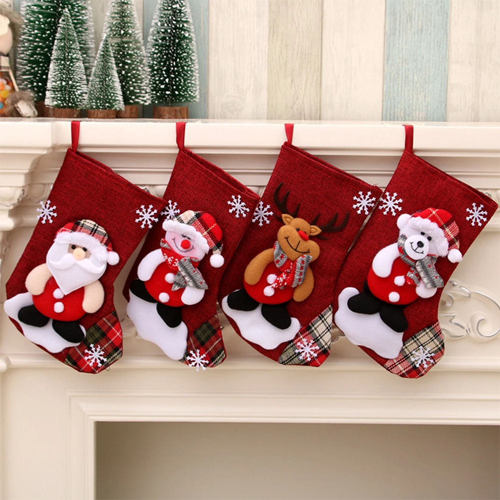 Christmas Tree Hanging Socks Linen Festival Apple Gift Candy Bags Cartoon Snowflake Xmas Party Fireplace Decor | Дом и сад