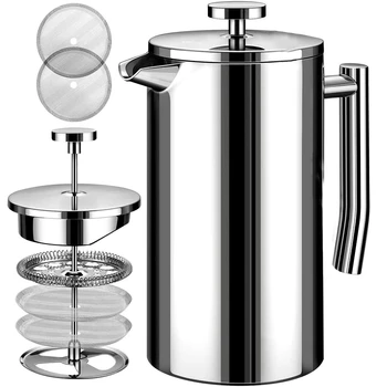 

French Press Coffee Pot Stainless Steel French Pressed Double Stainless Steel Coffee and Tea Maker, Stainless Steel Screen, Dish
