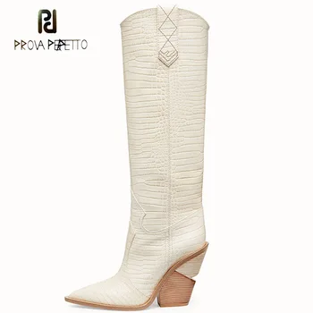 

Prova Perfetto Runway Style Pointed Toe Women Knee High Boots Chunky High Heel Slip on Cowboy Shoes Female Blue Pink Yellow