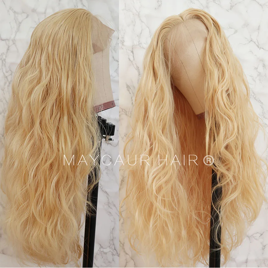 Maycaur Loose Wavy Blonde Color Lace Front Wig with Baby Hair Free Part Glueless Synthetic Lace Front Wigs for Black Women (4)