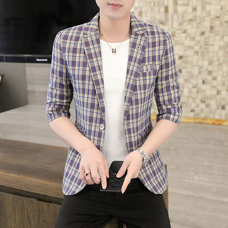 

Мужской льняной Блейзер, Повседневный, в клетку, с коротким рукавом