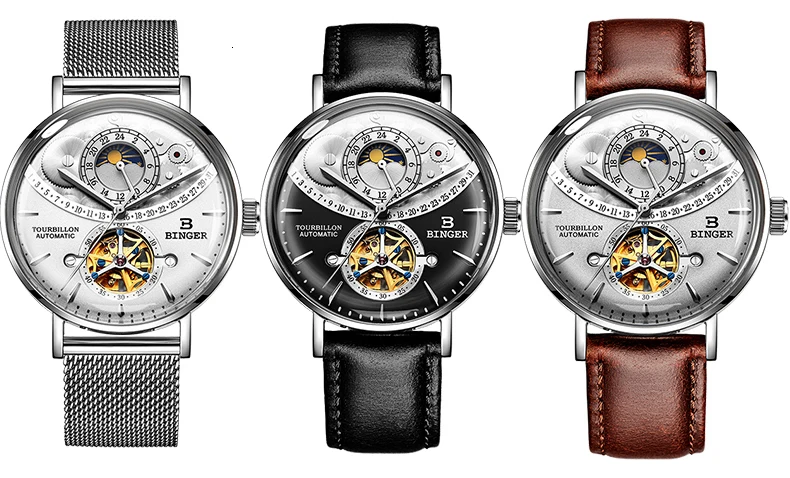 Швейцарские автоматические часы для мужчин Бингер Скелет Механические Мужские часы модный бренд Сапфир Relogio Masculino водонепроницаемые