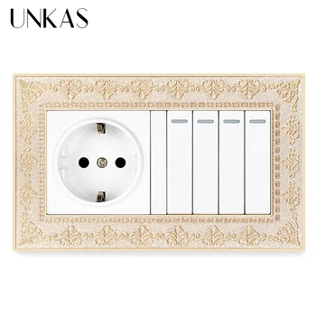 

UNKAS 4D Zinc Alloy Metal Panel Russia Spain EU Standard Socket + 4 Gang 1 / 2 Way On / Off Light Switch Embossing Retro Frame