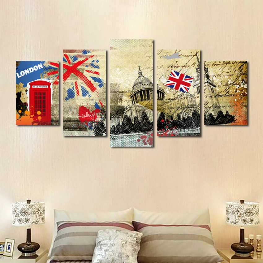 5PCS Set Picture Canvas Painting Wall Pictures For Decoration Classic Retro Nostalgic London City Poster Modular Picture
