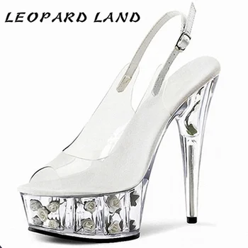 

LEOPARD LAND 15cm Heels New Super High Thin Heel Waterproof Platform Crystal Heel Fish Mouth Flower Decoration Sandal LYP