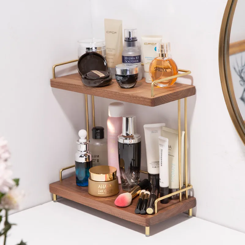 Bathroom Shelf Black Walnut &amp Brass Material Bath Shower Rack Shampoo Cosmetic Storage Holder 2 Tiers Corner Standing Type |