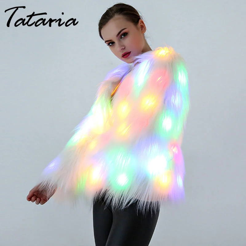 Tataria, S-6XL, для женщин, искусственный мех, светодиодный, легкое пальто, для женщин, плюс размер, рождественские костюмы, для женщин, зимние, теплые, праздничные, вечерние, Клубные пальто