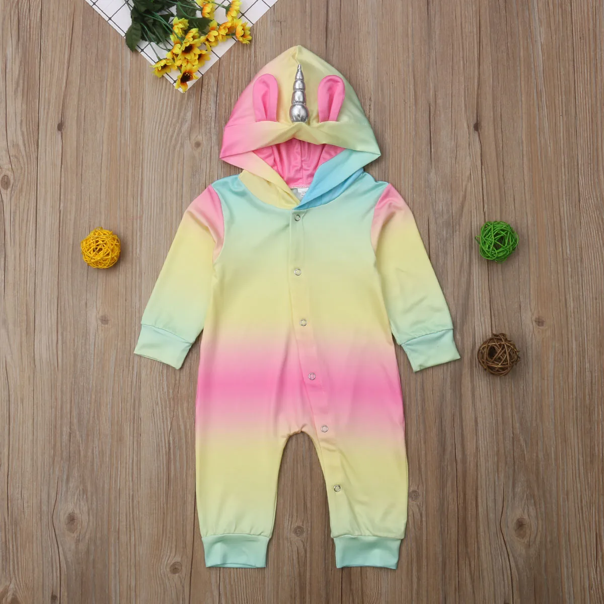 

Cute Unicorn Horn Infant Baby Boy Girl Hooded Romper Long Sleeve Button Jumpsuit Kids Clothes Outfit