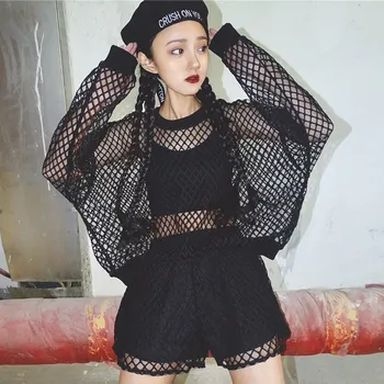 

Fashion Womens Summer Casual Long Sleeve Hollow Out Shirts Shorts Sexy Set Black White