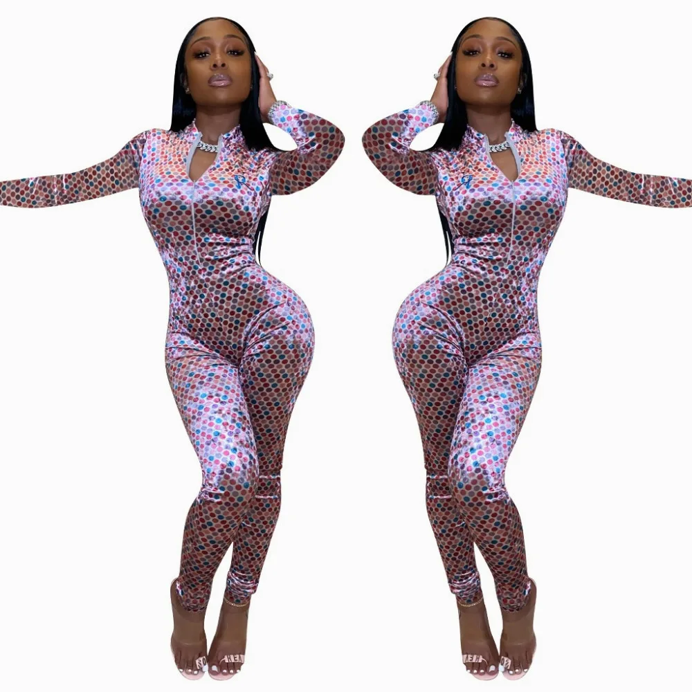 Polka dot fashion spliced lady jumpsuits beach style stand collar zipper full length sports catsuits