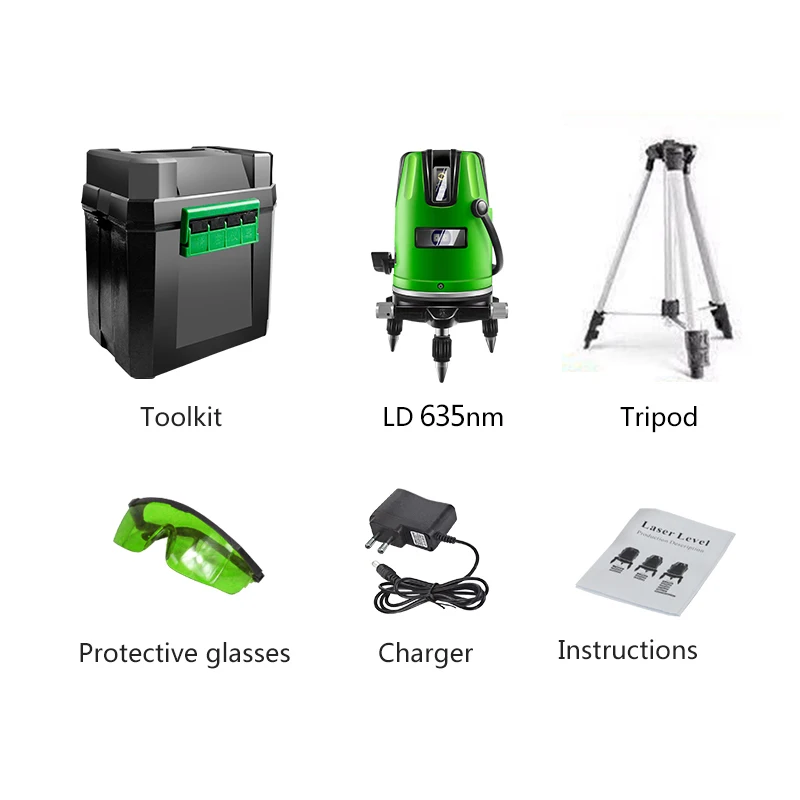 GREEN toolkit tripod PRACMANU 5 линий 6 точек лазерный уровень автоматический самонивелирующийся 360 вертикальный и горизонтальный наклон градусов поворотный LD 635nm открытый режим - Цвет: GREEN toolkit tripod
