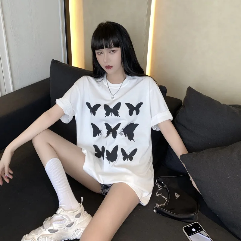 Милые летние корейские футболки Ulzzang с принтом бабочки коротким рукавом