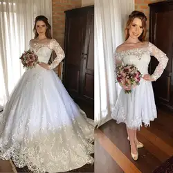 Vestido De Noiva 2 Em 1 кружевные свадебные платья с длинным рукавом 2020 Свадебные платья Тюль-образным, платье с аппликацией, платье с расширенным