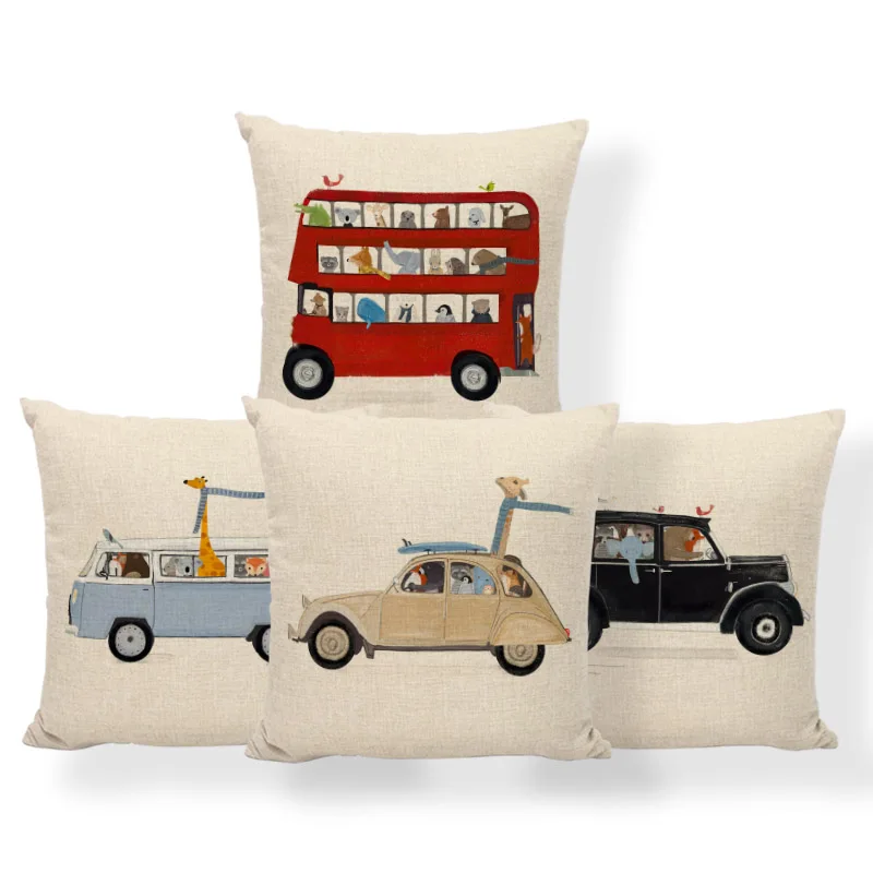 

Novel Animal Outing Pillowcase Car Giraffe Penguin Elephant Bear Fox Tram Decoration Cushion Set Whale Polyester Linen Pillow