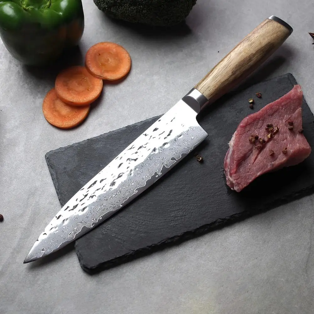 

Chef Knife 8 Inch - Japanese-style VG-10 Super Steel 67-Layer Damascus - Razor Sharp, Precious wood handle