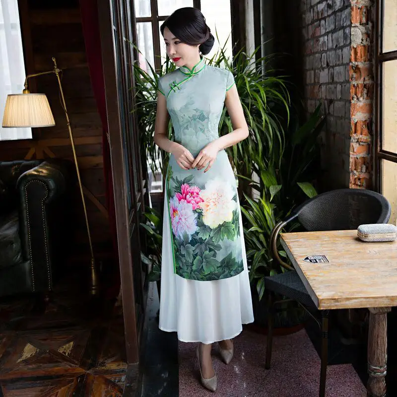 Элегантное красное Сетчатое платье с коротким рукавом Qipao, большие размеры 3XL, Vestido, Новое поступление, благородное китайское женское длинное платье Cheongsam из искусственного шелка, 2 шт - Цвет: Green