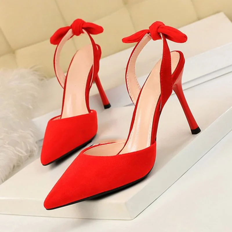 Boussac Elegant Bowtie Slingback High Heel Women Pumps Sexy Pointed Toe High Heels Ladies Shoes Suede Thin Heel Party Shoes B233 - Цвет: red