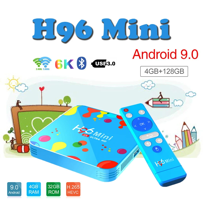 

Stable tv set top box H96 Mini Android 9.0 2.4G/5G Wifi 6K@30fps media Player support iptv dazn smart tv box 4GB 128GB H.265