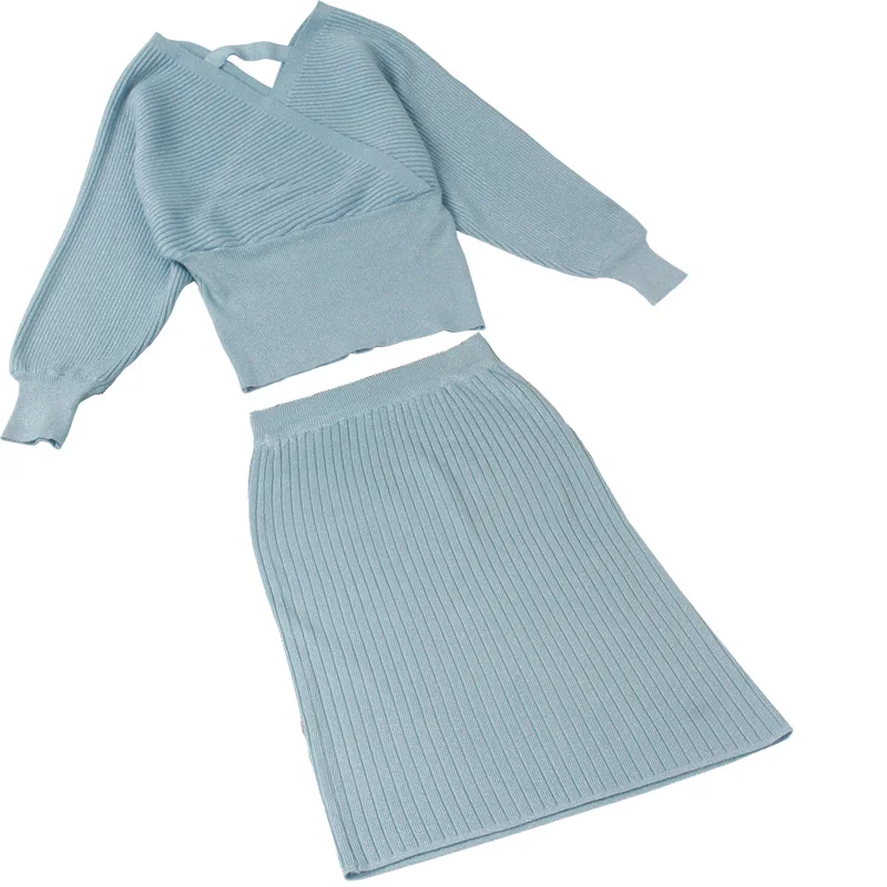 light blue GIGOGOU/комплект из 2 предметов, вязаный пуловер, свитер, люрекс, блестящий вязаный джемпер, топы и юбки, костюмы, модные сексуальные спортивные костюмы с v-образным вырезом - Цвет: light blue