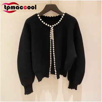 

Tpmaccool luxury designer 2020 women steaters HIGH END Spring New Pearls Lantern Long Sleeve WOOL knitted sweater Cardigan S-L