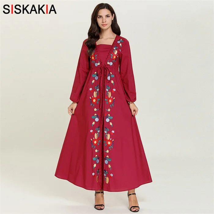 Siskakia/женское длинное платье в этническом стиле с цветочной вышивкой; элегантное ТРАПЕЦИЕВИДНОЕ ПЛАТЬЕ с пышными рукавами; Повседневная мусульманская одежда; сезон весна-осень; Femme - Цвет: Red dress