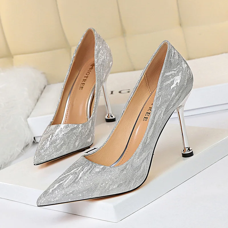 Новинка года; женские туфли-лодочки; пикантные свадебные туфли; женские туфли на высоком каблуке; вечерние туфли с острым носком; женские туфли на каблуке-шпильке 9,5 см - Цвет: Silver