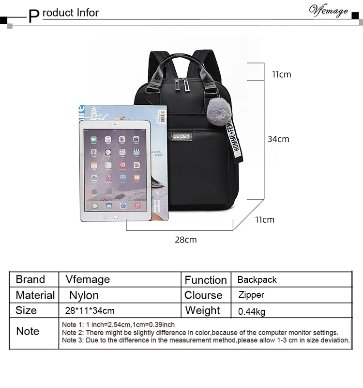 Vfemage Multifunction Nylon Bag Women Backpack Ladies Bookbag Female School Bags for Teenage Girl Hair Ball Waterproof Sac a Dos