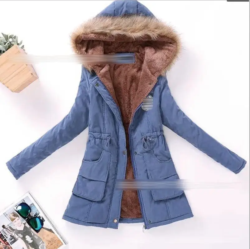 Cow Blue Женское зимнее теплое женское осеннее пальто с капюшоном из хлопка с мехом Плюс Размер Базовая куртка верхняя одежда тонкая Длинная женская Chaqueta - Цвет: Cow Blue