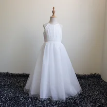 White Flower Girls Dress Halter Neckline A Line Chiffon Sleeveless Long Toddler Party Holy First Communion Dresses