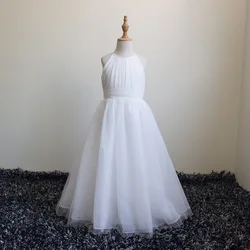 White Flower Girls Dress Halter Neckline A Line Chiffon Sleeveless Long Toddler Party Holy First Communion Dresses