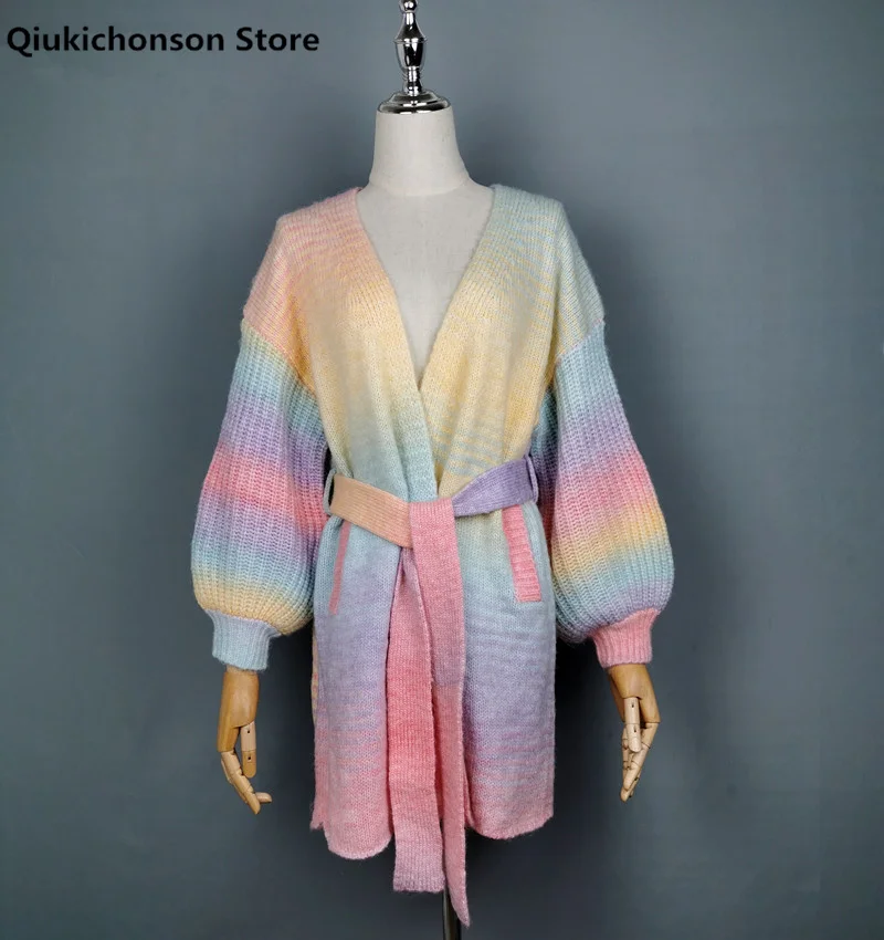 Qiukichonson Vintage Gradient Rainbow Striped Cardigan Knit