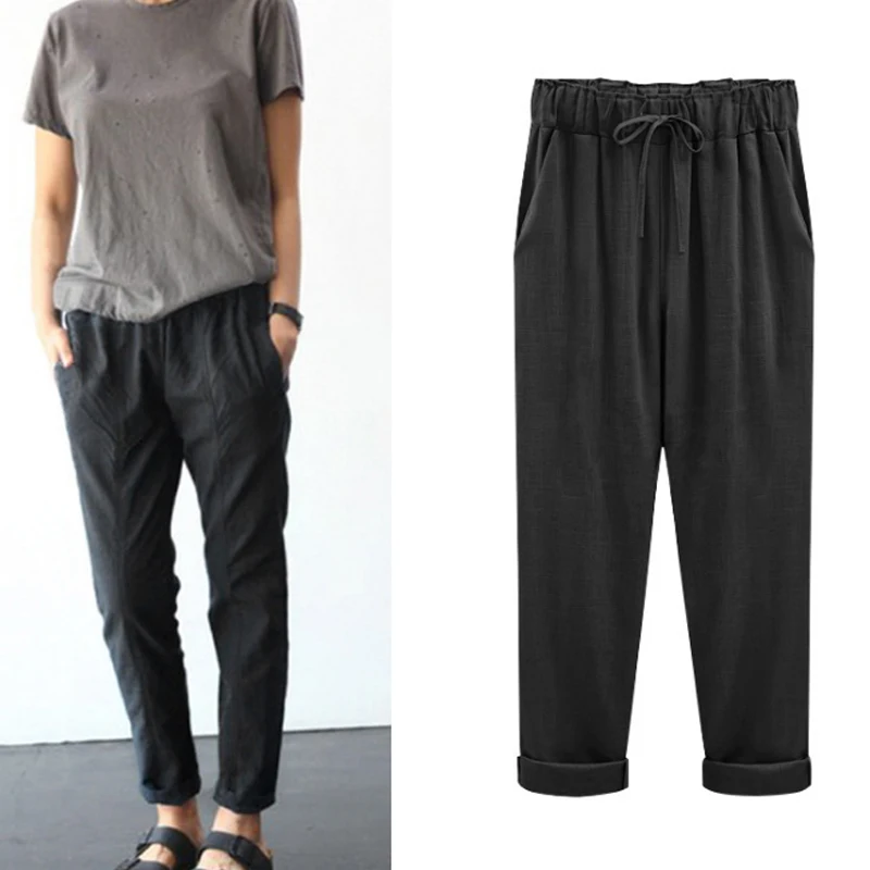 

TOIVOTUKSIA New Women Cotton linen Blend Jogger Pants Casual Loose Drawstring Sweatpants Leisure Nine Pants Trousers